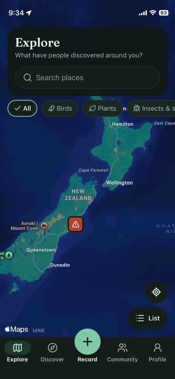 The Explore map, showing sightings and pest reports around New Zealand