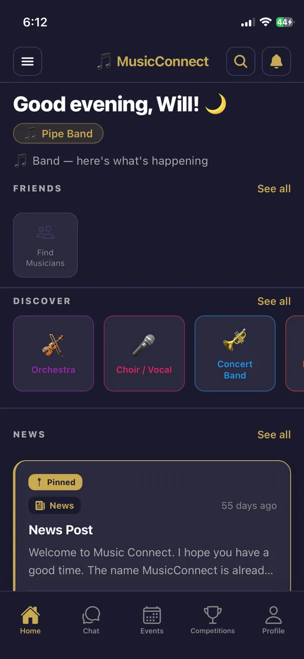The MusicConnect home screen with friends, groups and news